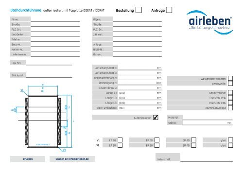 airleben Dachdurchführung außen isoliert Topplatte DDEAT DDRAT Bestellformular