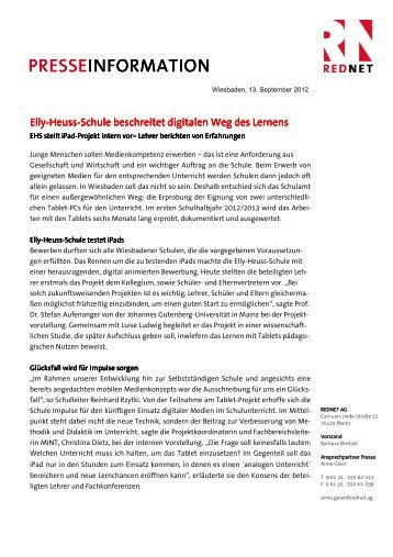 [PDF] Pressemitteilung: Elly-Heuss-Schule beschreitet ... - PresseBox