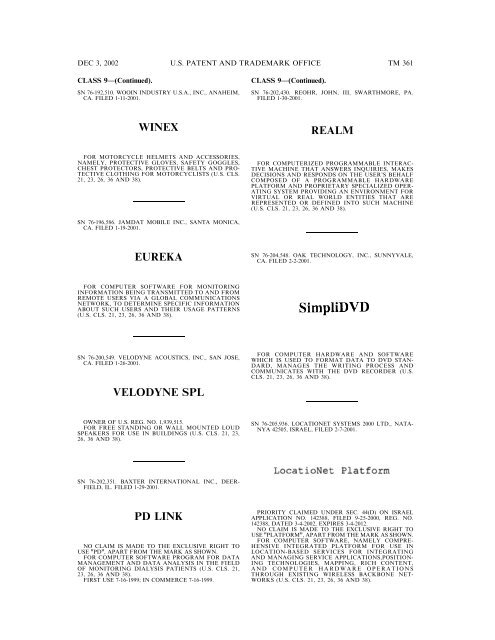 03 December 2002 - U.S. Patent and Trademark Office