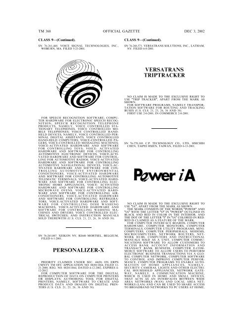 03 December 2002 - U.S. Patent and Trademark Office