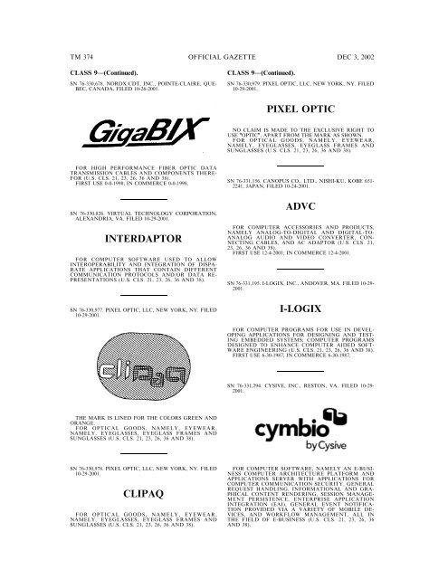 03 December 2002 - U.S. Patent and Trademark Office