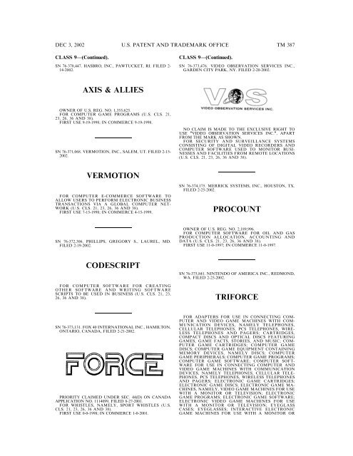 03 December 2002 - U.S. Patent and Trademark Office