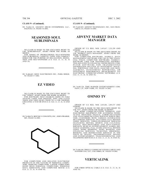 03 December 2002 - U.S. Patent and Trademark Office