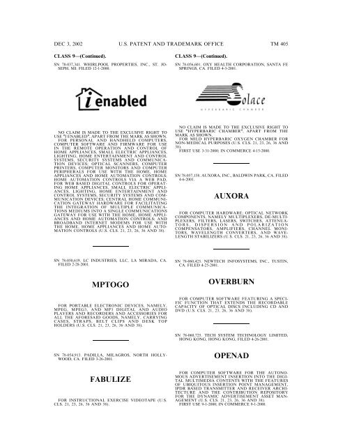 03 December 2002 - U.S. Patent and Trademark Office