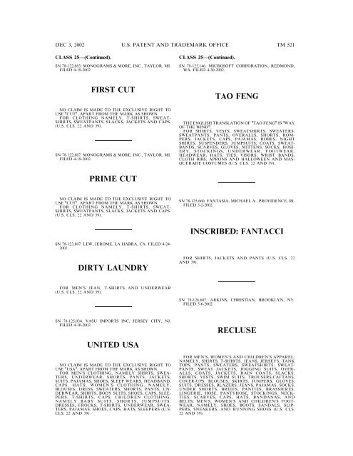 03 December 2002 - U.S. Patent and Trademark Office