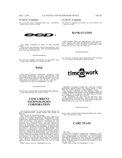 03 December 2002 - U.S. Patent and Trademark Office