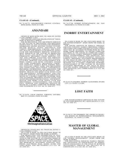 03 December 2002 - U.S. Patent and Trademark Office