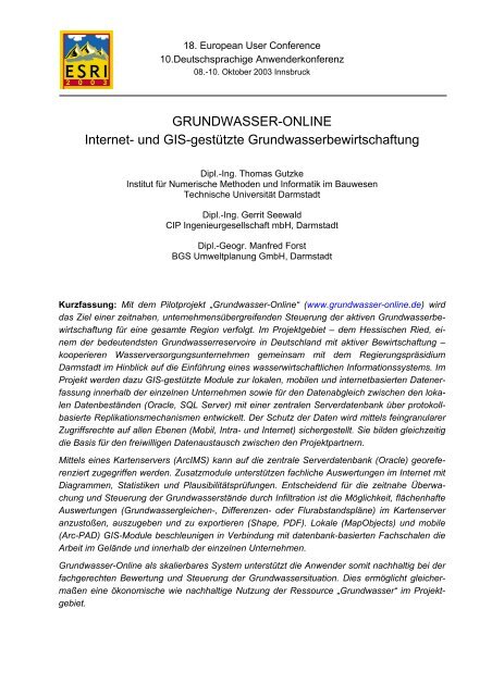 ESRI-Anwenderkonferenz 2003 : Grundwasser-Online: Internet