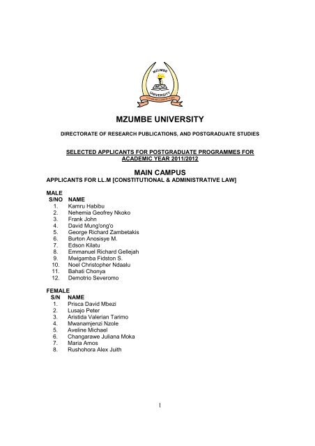 SELECTED postraduate 2011 - 2012. - Mzumbe University
