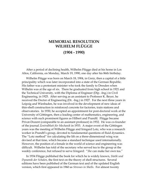 memorial resolution wilhelm flügge (1904 - 1990) - Stanford ...