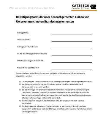 Bestätigungsformular über den fachgerechten Einbau von Brandschutzelementen