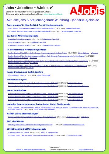 Würzburg: Neue Stellenangebote Jobbörse AJobis.de - 25.07.2024