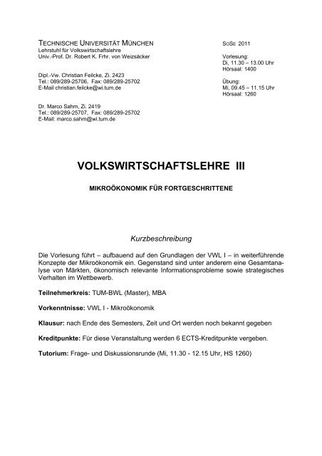 VOLKSWIRTSCHAFTSLEHRE III - Lehrstuhl für ...