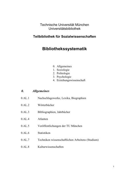 Teilbibliothek für Sozialwissenschaften Bibliothekssystematik