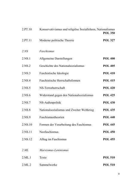 Teilbibliothek für Sozialwissenschaften Bibliothekssystematik