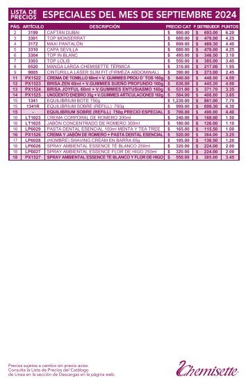 Lista de precios Especiales Septiembre 2024