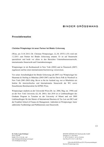 Christian Wimpissinger ist neuer Partner bei Binder Grösswang
