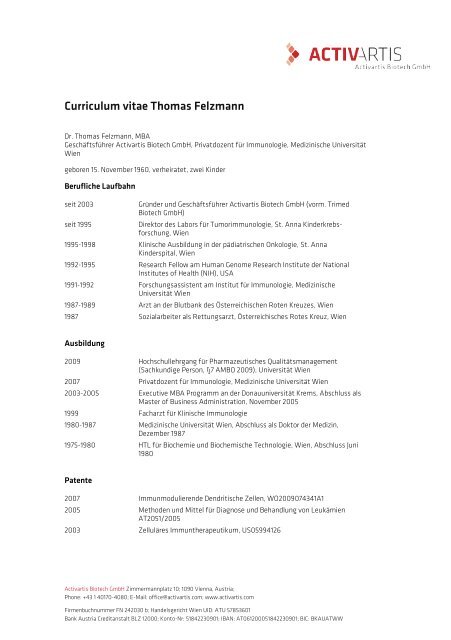 Curriculum vitae Thomas Felzmann - ACTIVARTIS Biotech GmbH
