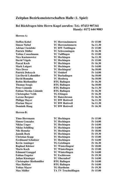 Zeitplan Bezirksmeisterschaften Halle (1. Spiel) - WTB