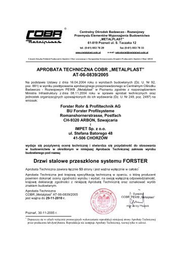 aprobata techniczna cobr „metalplast” at-06-0839/2005 - bbs polska