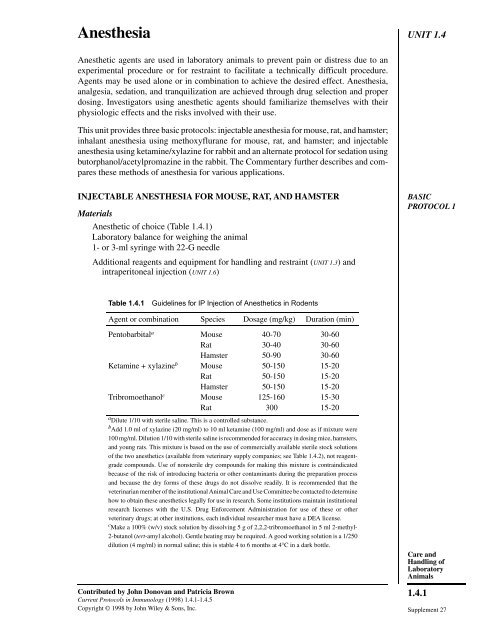 "Anesthesia". In: Current Protocols in Immunology - IMBA