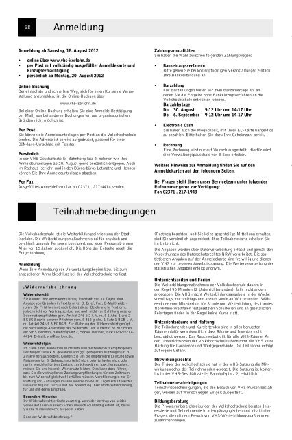 VolkshochschuleIserlohn : Programm September bis Dezember 2012