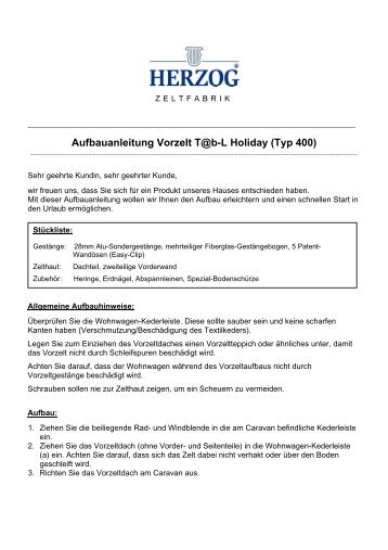 Aufbauanleitung Vorzelt T@bL Holiday (Typ 400) - Herzog