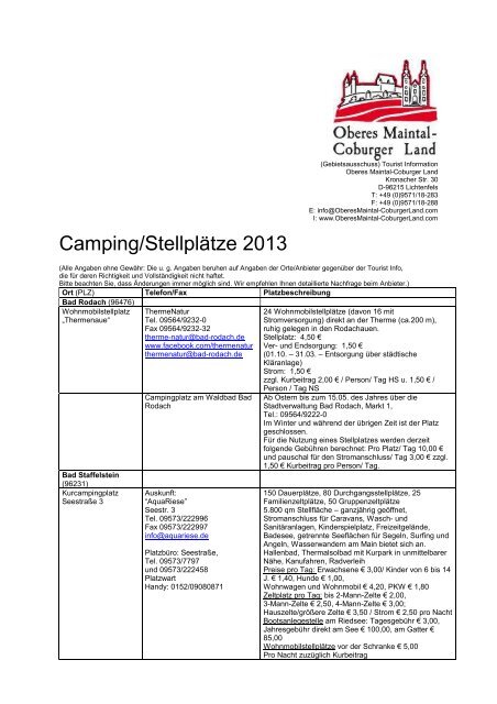 Camping - Tourist Information Oberes Maintal - Coburger Land