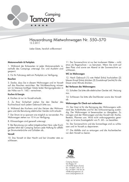 Hausordnung Mietwohnwagen Nr. 550–570 - Camping Tamaro