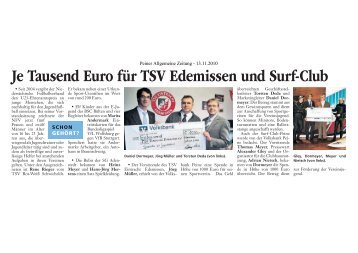12. November: Volksbank spendet 1.000 Euro an den