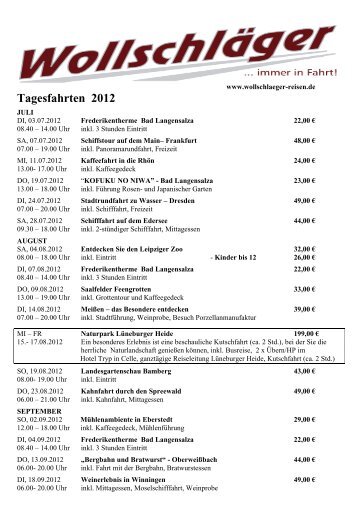 Tagesfahrten 2012 - Wollschlaeger-Reisen