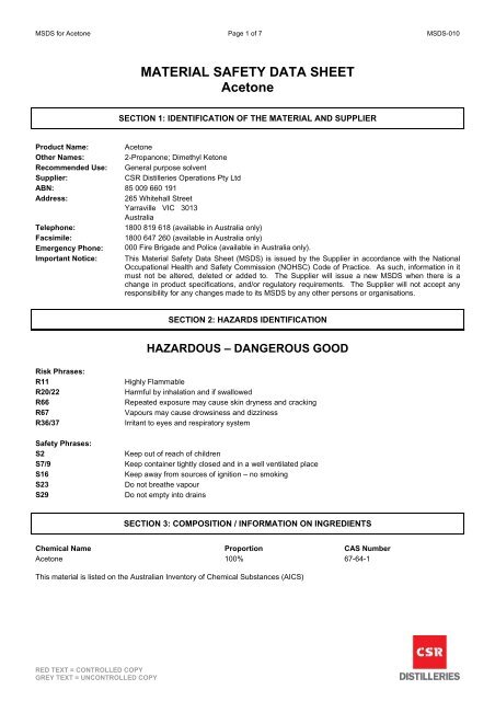 MATERIAL SAFETY DATA SHEET Acetone - Surfblanks Australia