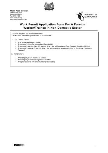 Work Permit Application Form For A Foreign Worker/Trainee in Non ...