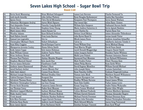 Seven Lakes High School Sugar Bowl Trip Room List - SLHS Band