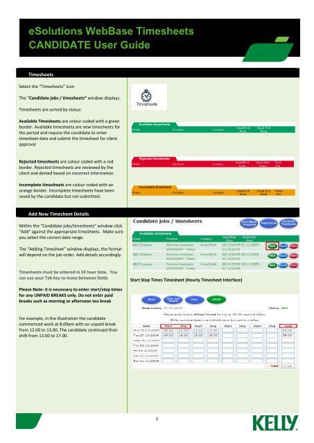 eSolutions WebBase Timesheets CANDIDATE User Guide - Kelly ...