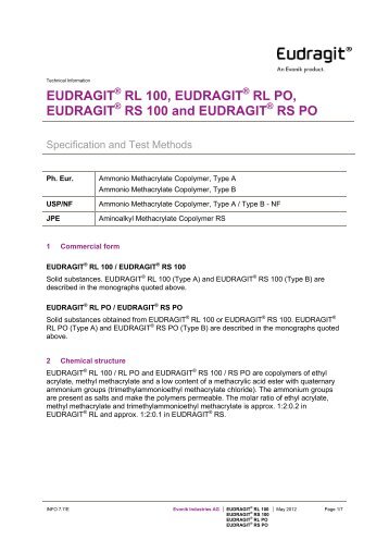 EUDRAGIT RL 100, EUDRAGIT RL PO, EUDRAGIT RS 100 and ...