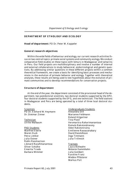 DEPARTMENT OF ETHOLOGY AND ECOLOGY Head of ... - DPZ