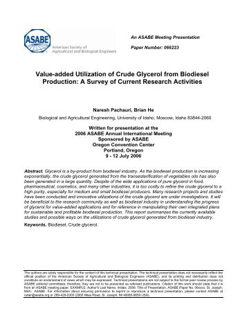 Value-added Utilization of Crude Glycerol from Biodiesel Production ...