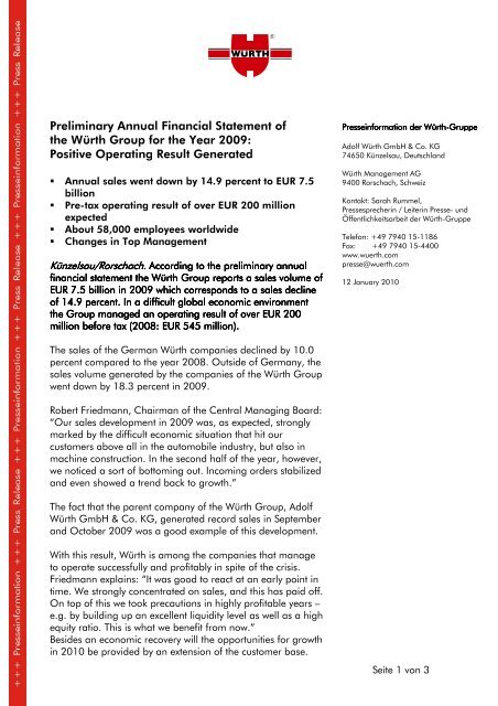 Preliminary Annual Financial Statement of the Würth Group for the