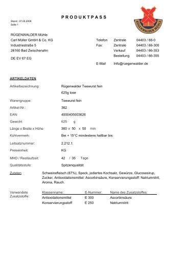 Produktpass RÜGENWALDER - Megra