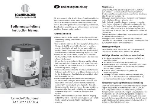 Bedienungsanleitung Instruction Manual Einkoch-Vollautomat KA ...