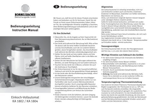 Bedienungsanleitung Instruction Manual Einkoch-Vollautomat KA