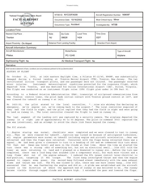 FACTUAL REPORT AVIATION - ACFT Services