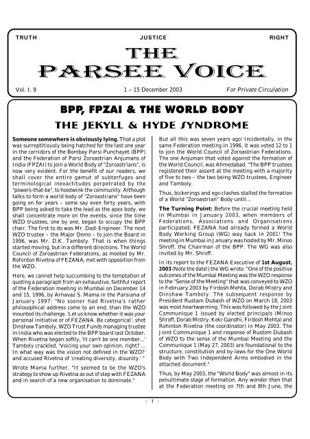 Parsee Voice - Traditional Zoroastrianism: Tenets of the Religion