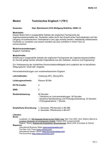 Modulhandbuch Bachelor-Studiengangs Maschinenbau