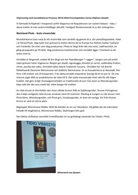 Vinprovning munskänkarna provence Pfalz oktober 2024