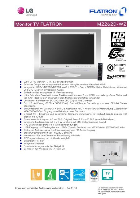 Monitor TV FLATRON M2262D-WZ - LG Electronics
