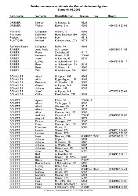 Telefonnummernverzeichnis der Gemeinde Innervillgraten Stand ...