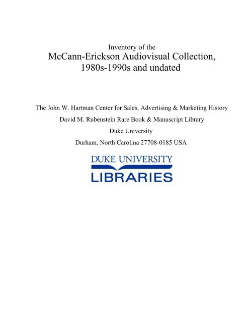 Inventory Of The McCann-Erickson Audiovisual Collection
