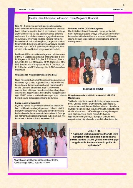 KwaMagwaza Hospital News Letter Volume 1 Issue 1